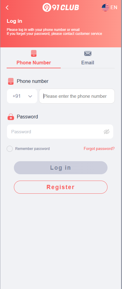 91 Club Login Screen